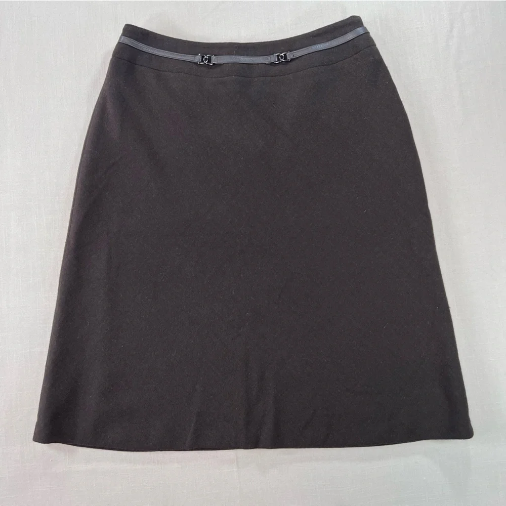 Jones New York Wool Skirt Size 6 Brown Leather Trim Zip Waist